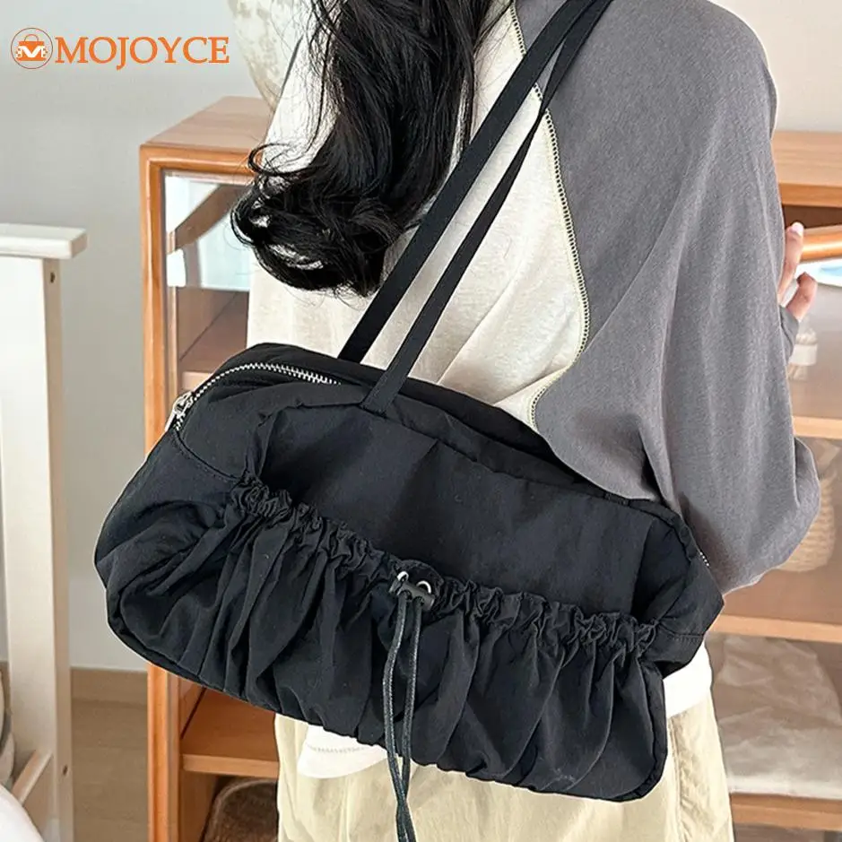 Pleated Drawstring Shoulder Bag Multipurpose Solid Women's Armpit Bag Large Capacity Casual Underarm Bag Nylon Daily Travel Bags