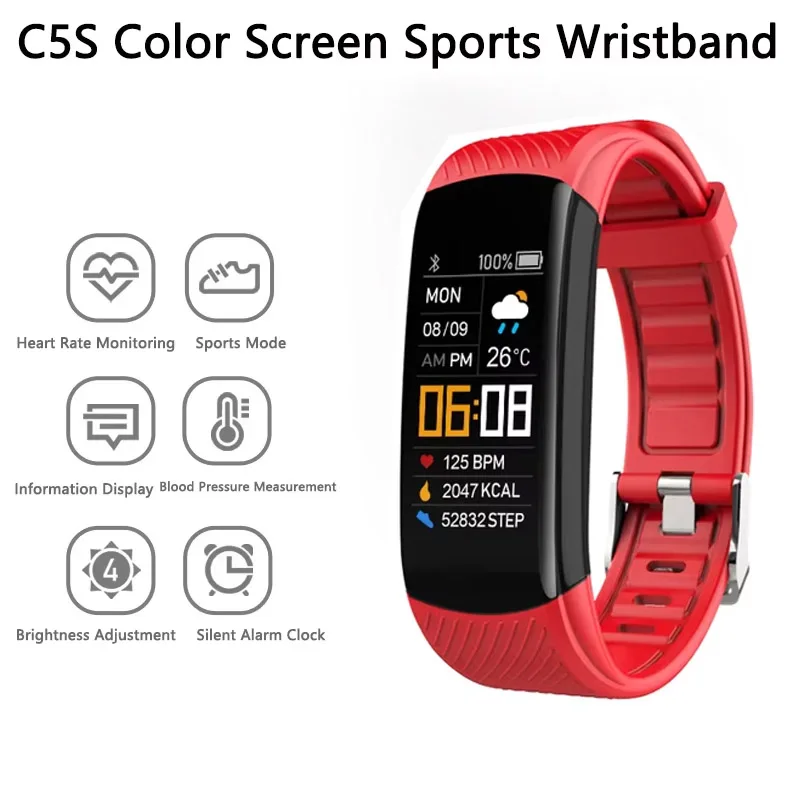 

Новый спортивный браслет с цветным экраном C5S, умный браслет IP67, поддержка сердечного ритма, кровяное давление, измерение кислорода в крови, напоминание