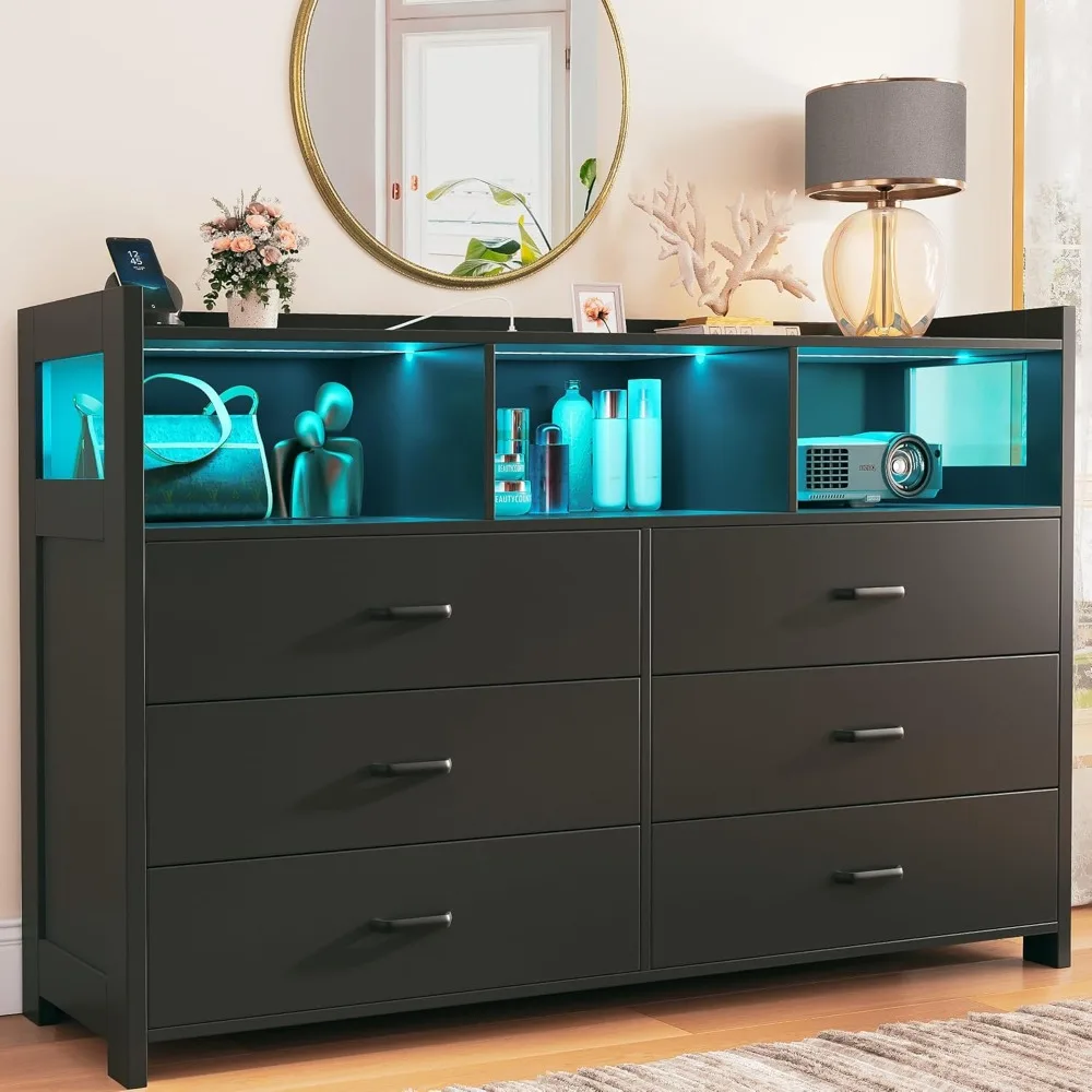 خزائن سوداء لغرفة النوم، خزائن ذات 6 أدراج مع أضواء، خزانة خشبية مع شريط طاقة للبالغين، غرفة النوم، المعيشة #1