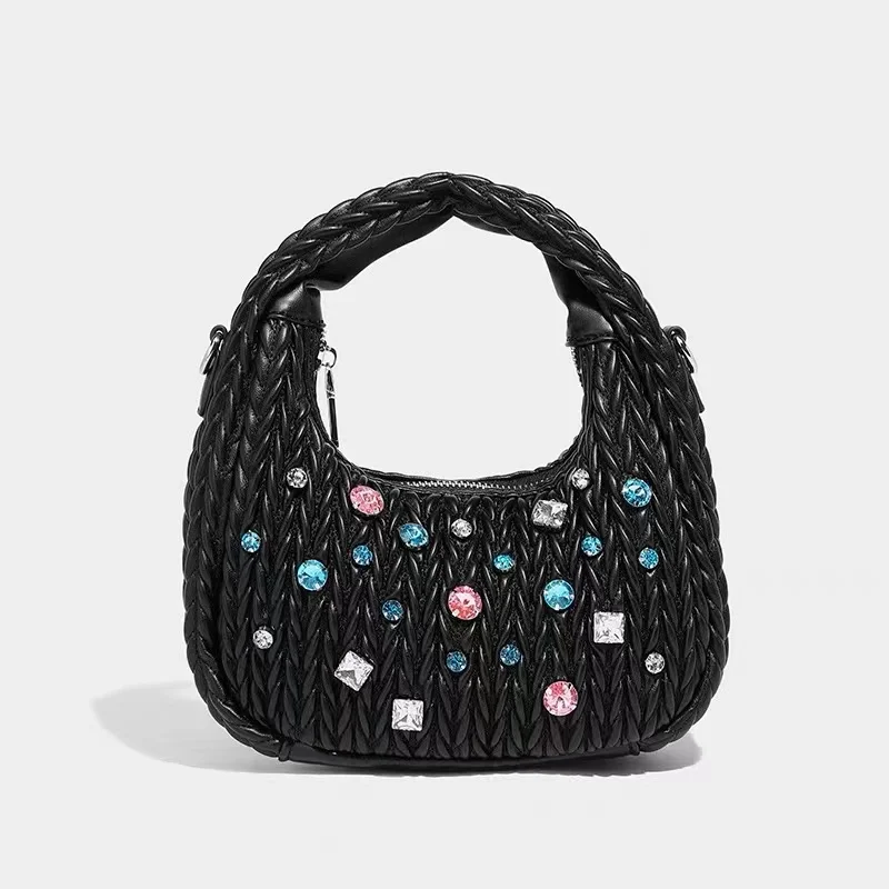 High Quality Pleated Hobo Bag Fashion Women\'s Handbag Crystal Shiny Diamonds Lady Purse Shoulder Messenger Bag Female Casual Bag