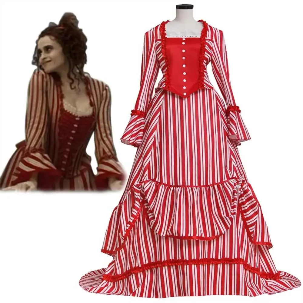 

Sweeney Todd Mrs. Lovett's Cosplay Costume Red Striped Dress Medieval Victorian Ball Gown Halloween Party Outfits