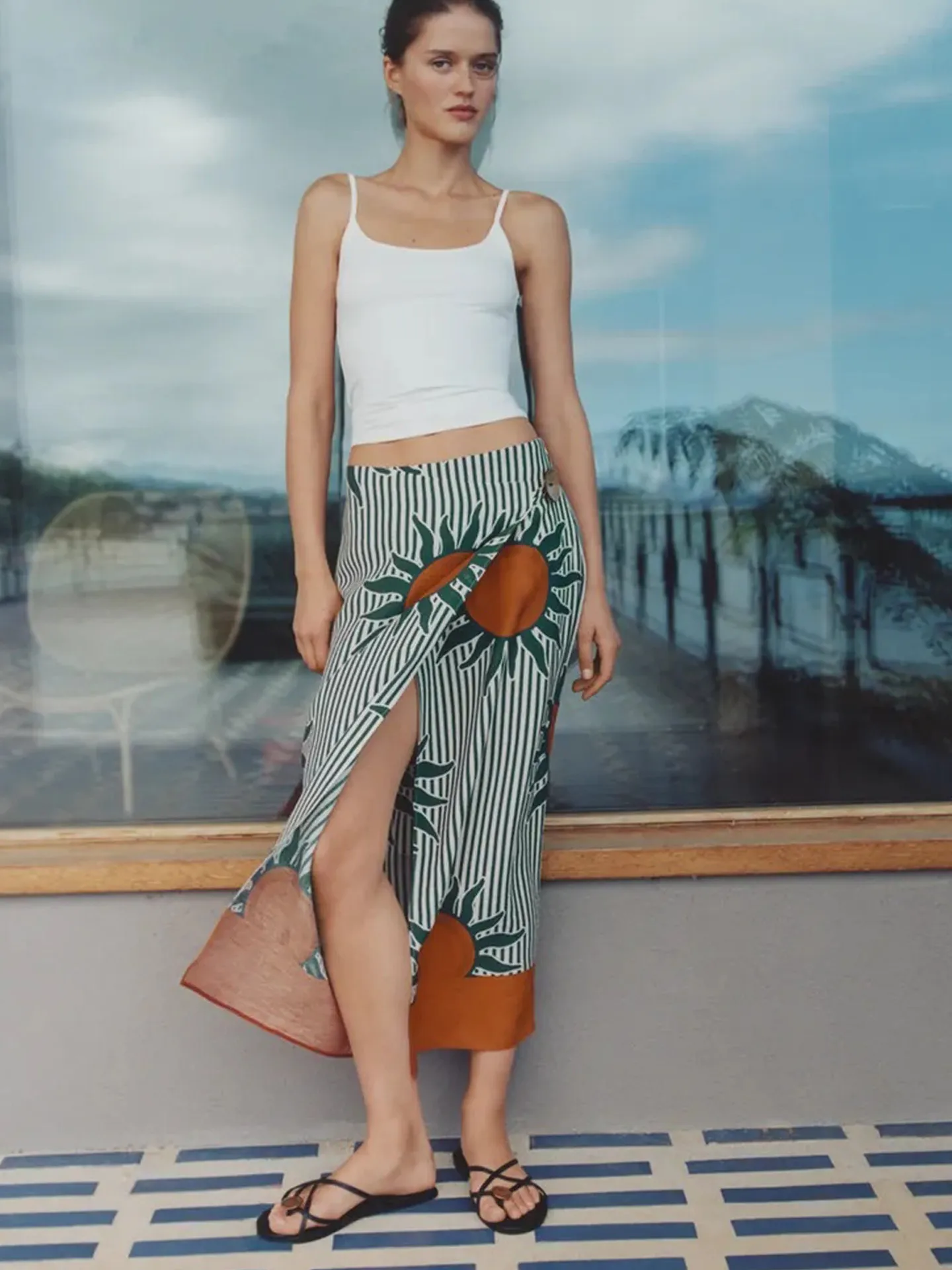 Autumn New Women's Long Zipper Button Decorated Print Double-breasted Midi Skirt Standard Straight Tube Polyester Fiber