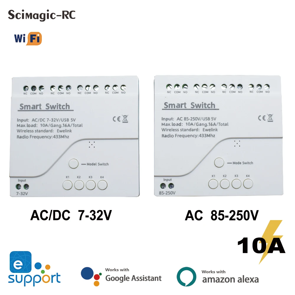 eWelink 4CH WiFi Smart Switch Module AC DC 7-32V 85-250V Dual-Mode Circuit Breaker APP/Voice Control Work with Alexa Google Home