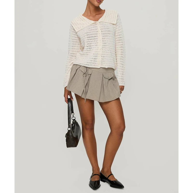 

Combhasaki Women Knitted Hollow Out Sweater Cardigan Long Sleeve Button-down Lapel Collared Crochet Y2k Sheer Knitwear Jacket