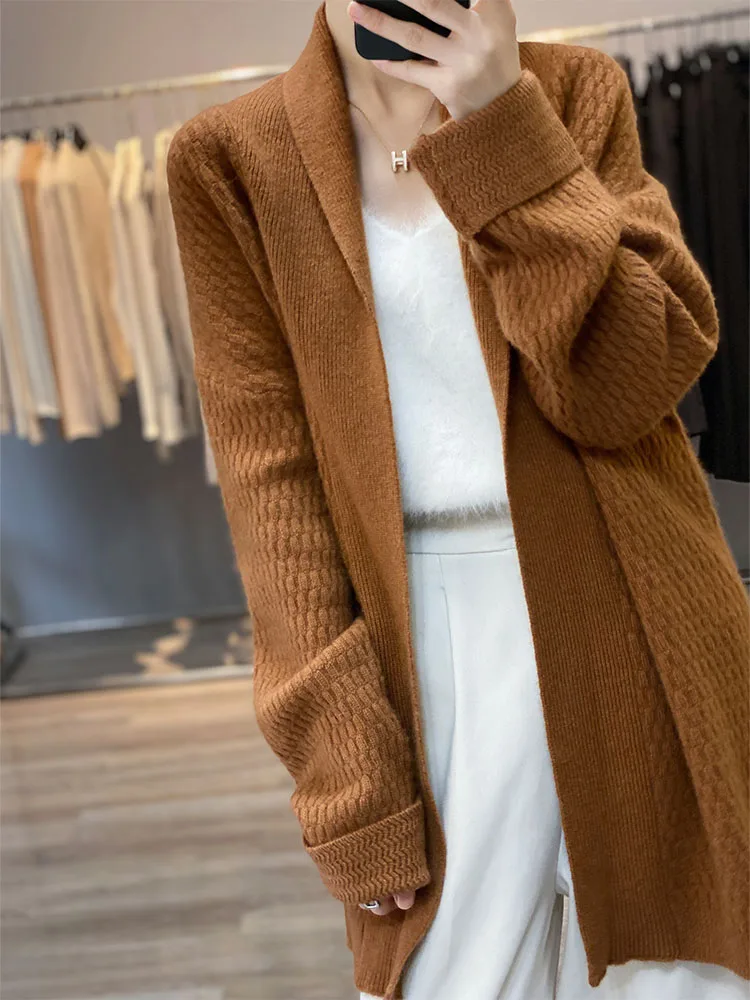 100% Cashmere Wool Coat Cardigan Women\'s 2022 Autumn Winter New V-neck Heavy High-end Knitted Sweater Loose Mid-length Jacket