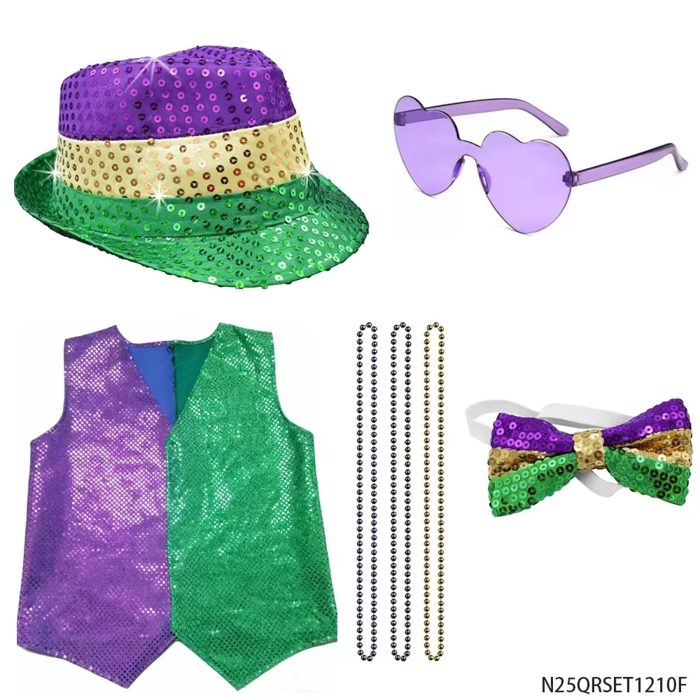 Zestaw Kostiumowy na Mardi Gras z Cekinami: Kapelusz, Kamizelka, Okulary, Naszyjnik z Koralików, Muszka, Akcesoria Imprezowe