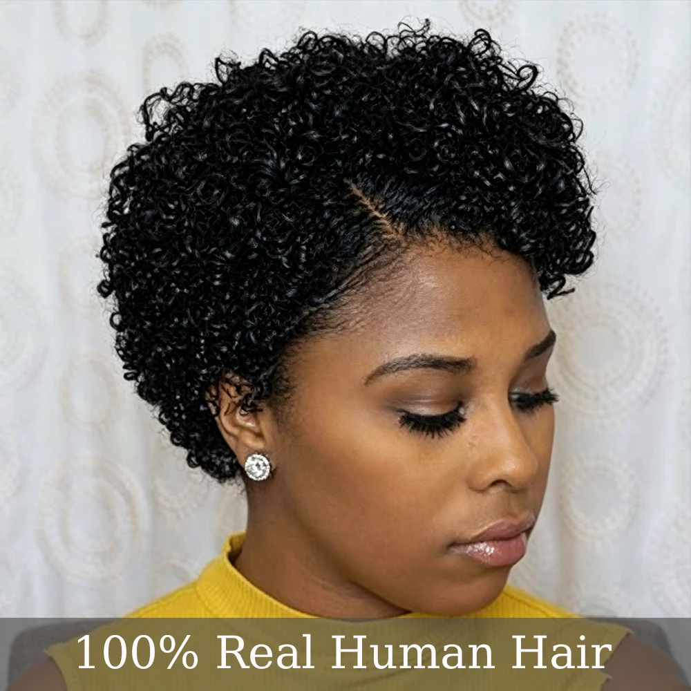 Natural Black Short Tight Kinky Curly Lace Front Pixie Cut Human Hair Wig Lightweight Solid Black Small Curl Short Lace Front Pixie Wig13x4x1 Lace Front Full Machine Made For Office Routine Dating & Various Formal Gatherings