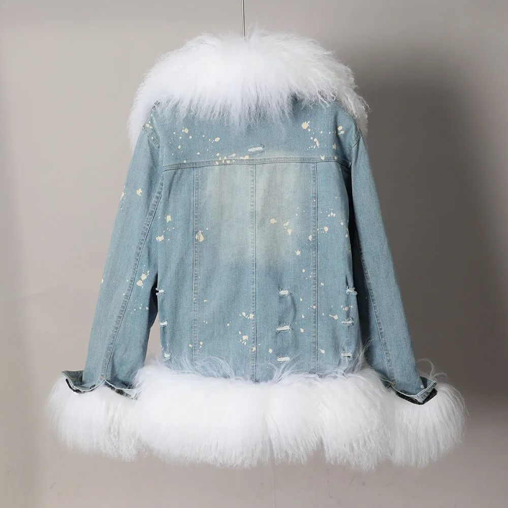2026 MAOMAOKONG Winter Women's Denim Jacket Detachable Rabbit Fur Lining With Real White Wool Fur Collar Jean Jacket Fur Coat