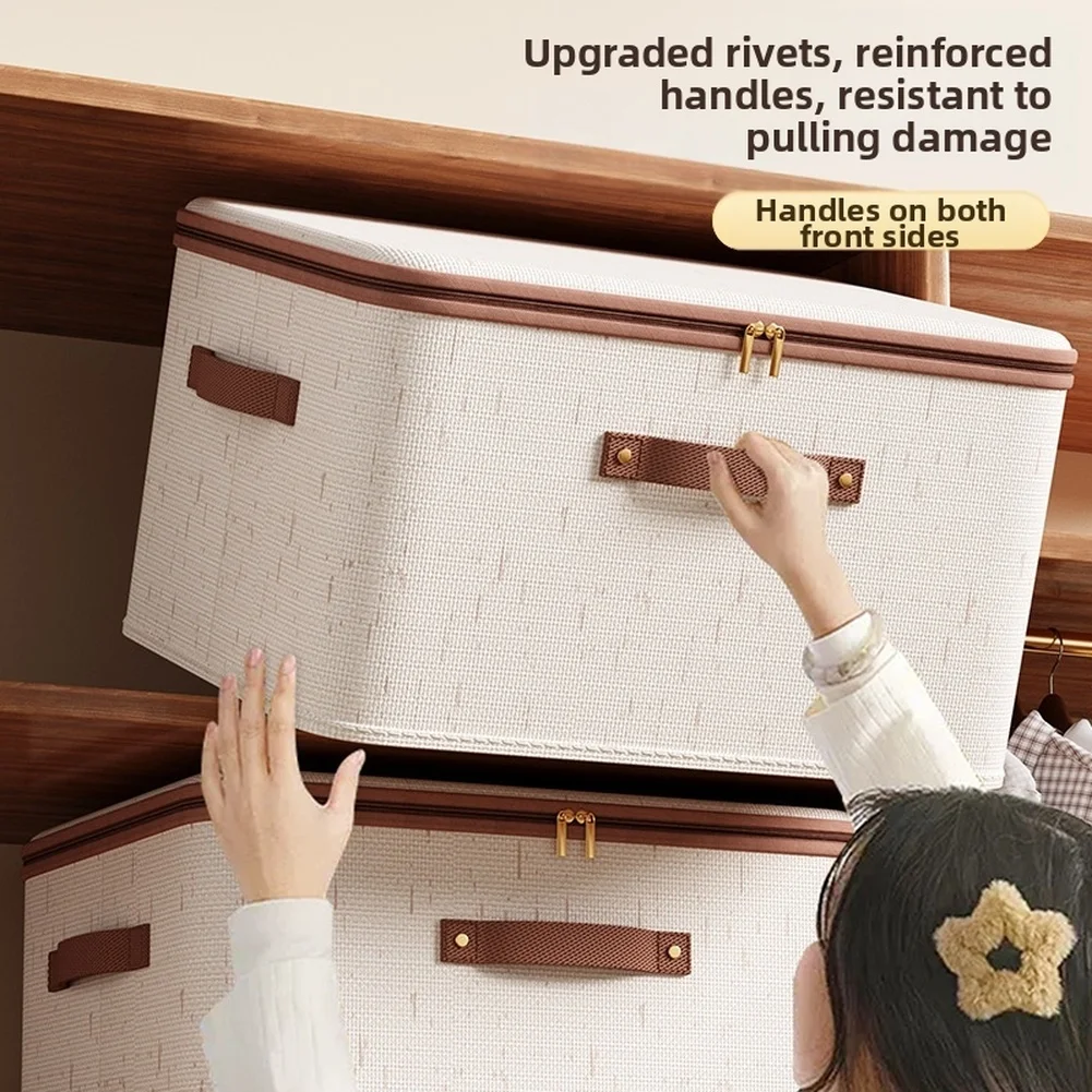 Foldable Storage Box With Lid Large Capacity Clothes Organizer For Closet Bedroom Dustproof Linen Container With Handles Beige/