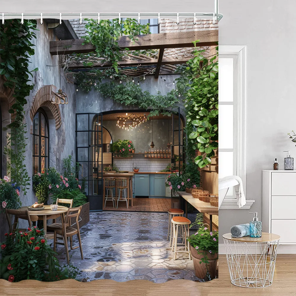 Hand-painted Street View Shower Curtains European Garden Cafe Green Plants Flowers Greenery Bathroom Decor Modern Bath Curtain