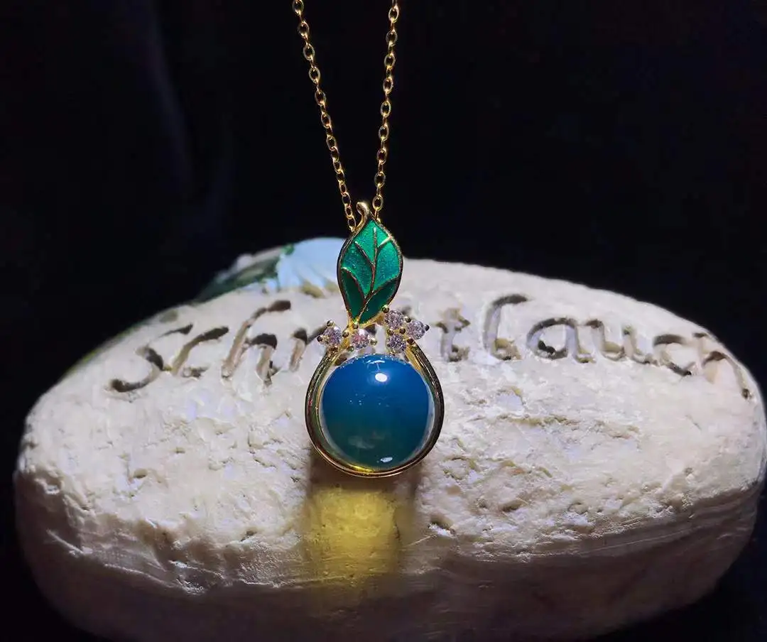 Natural Mexican Blue Amber 11mm round Leaf Pendant with Green Enamel Art Nouveau Style Sterling Silver Jewelry