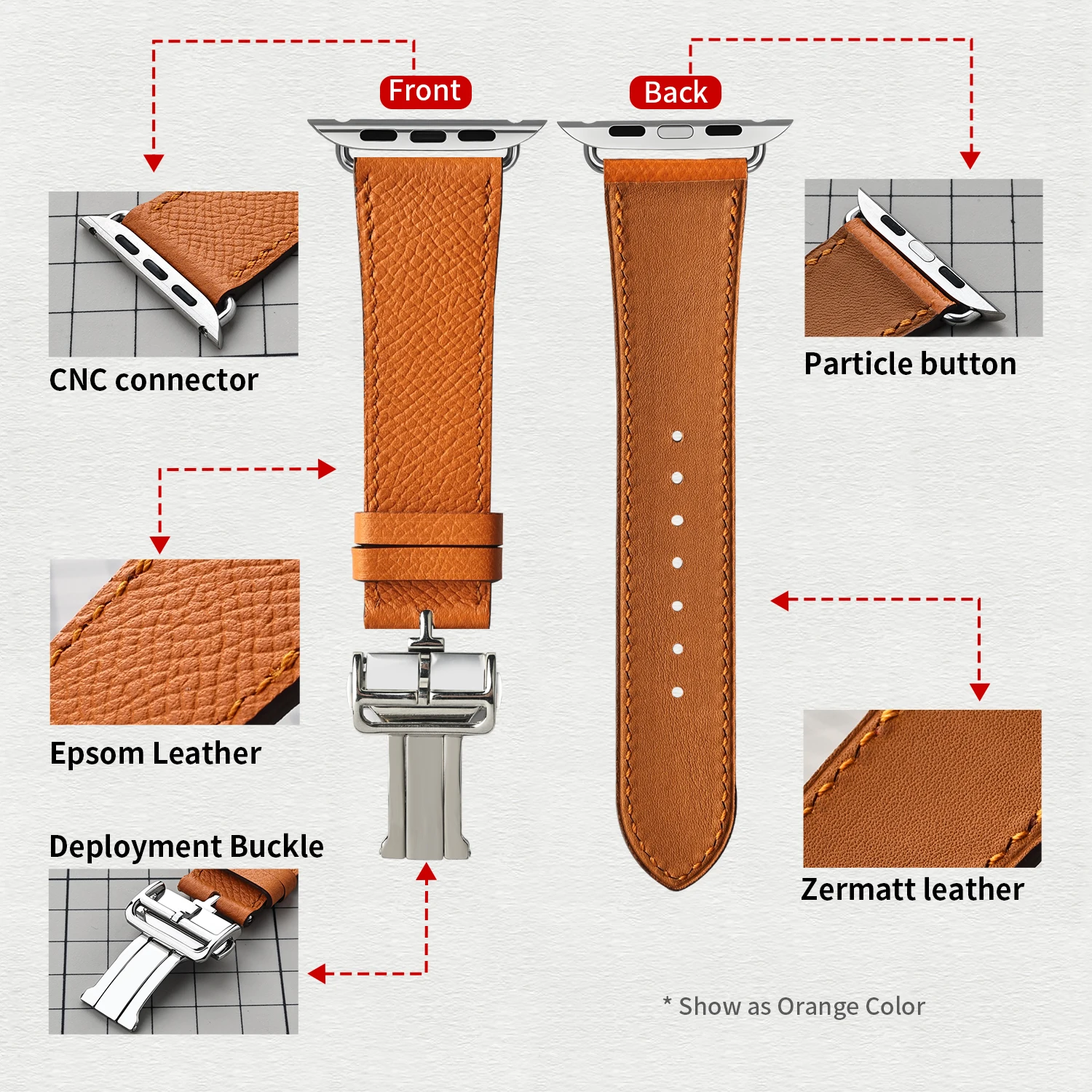 

Высококачественный кожаный ремешок Kebitt из кожи Epsom для Apple Watch Ultra 3, 2, Series 11, 10, 9, SE3, 42 мм, 46 мм, с раскладывающейся застежкой и быстросъемным механизмом