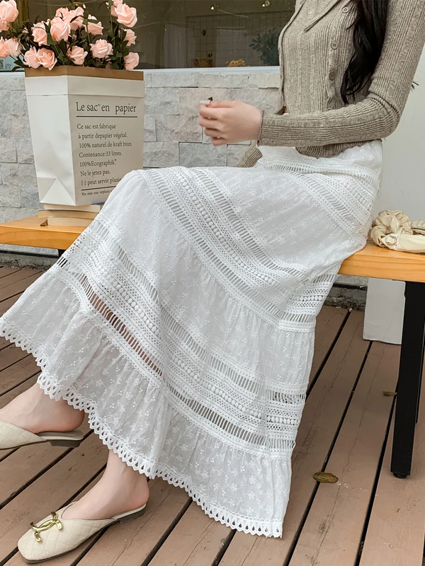 

Ele White Lace f Skirt Women's Mid-Length Design Hollow out Battenberg A-Line Skirt Spring Autumn Ci Commute