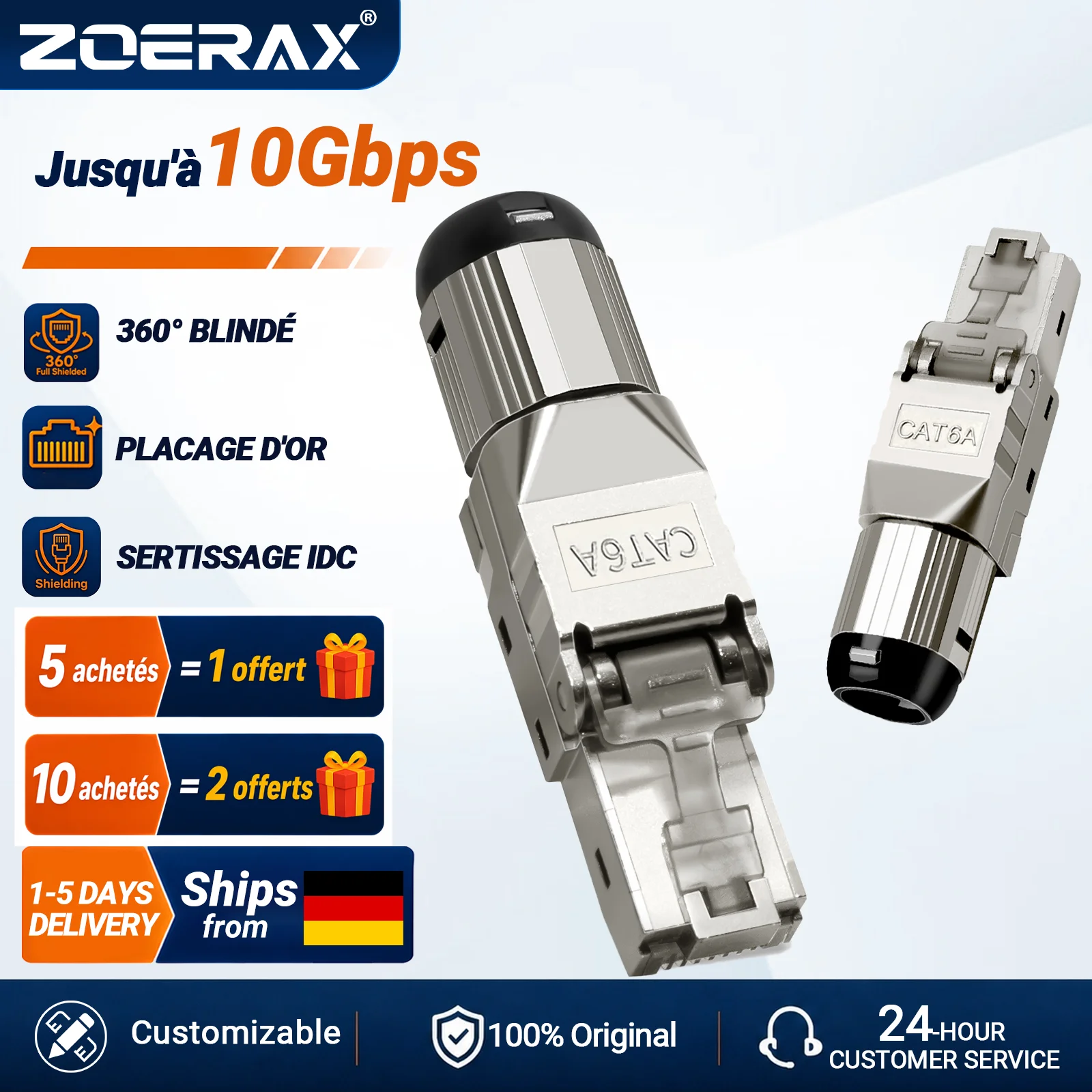 Connecteurs ZoeRax RJ45 Cat8 Cat7 Cat6A, fiches de terminaison modulaires blindées sans outil RJ45, câble LAN 2000 MHz 40G pour câbles 22AWG-24AWG