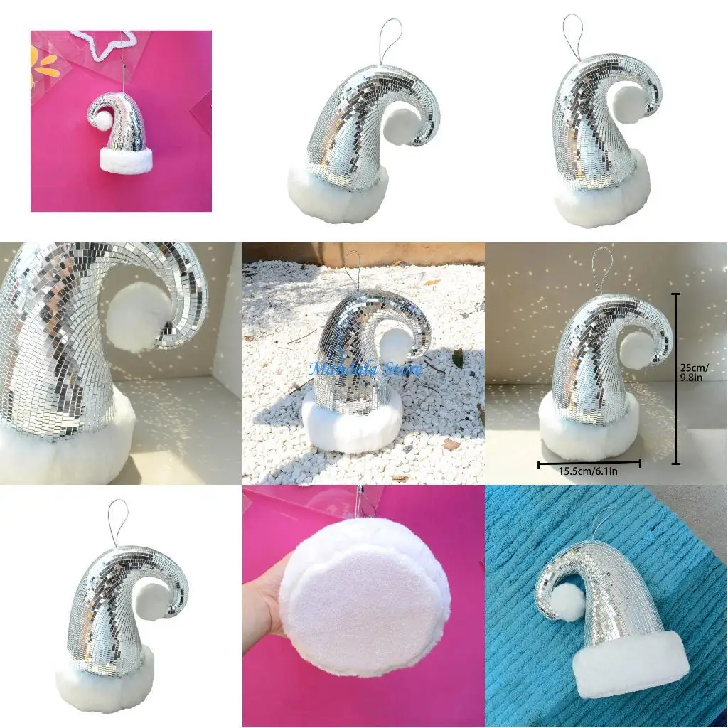 

U2JC Sparkling Disco Christmas Hat Glass Embellished Disco Santa Hat Hanging Ornament For Mantels Christmas Tree Deocration