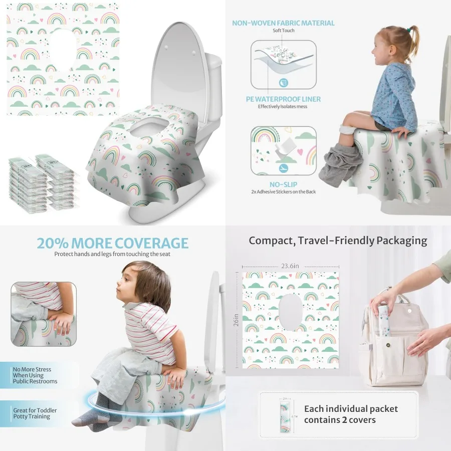 

Blissful Diary, 20 шт., одноразовые чехлы на сиденья для унитаза для малышей и взрослых, очень большая водонепроницаемая портативная посылка для дорожного горшка