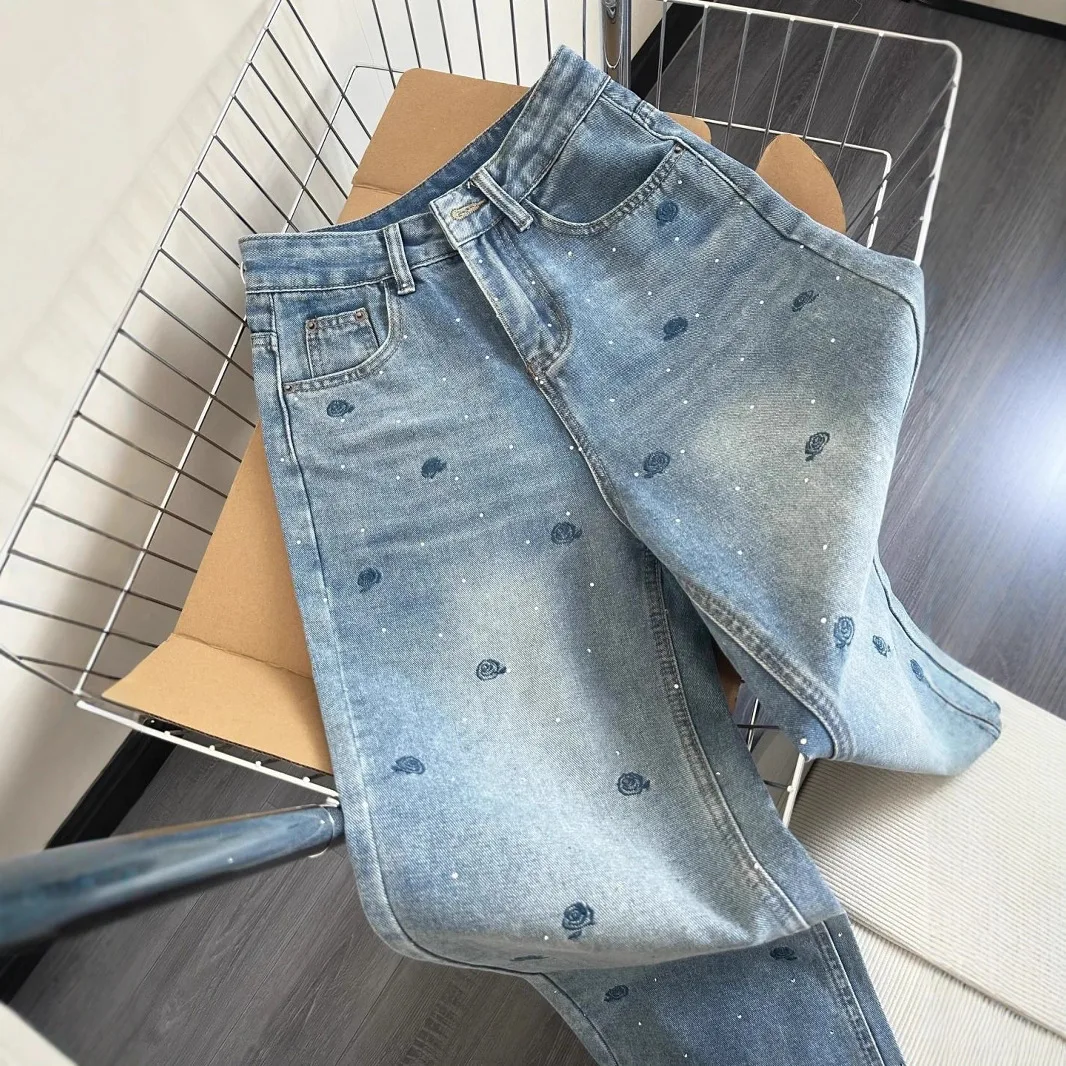 Women's Summer High Street Retro Blue Jeans - Rose Embroidery & Rhinestones High Waist Heavy Wash Slim-Fit Straight Leg Pants
