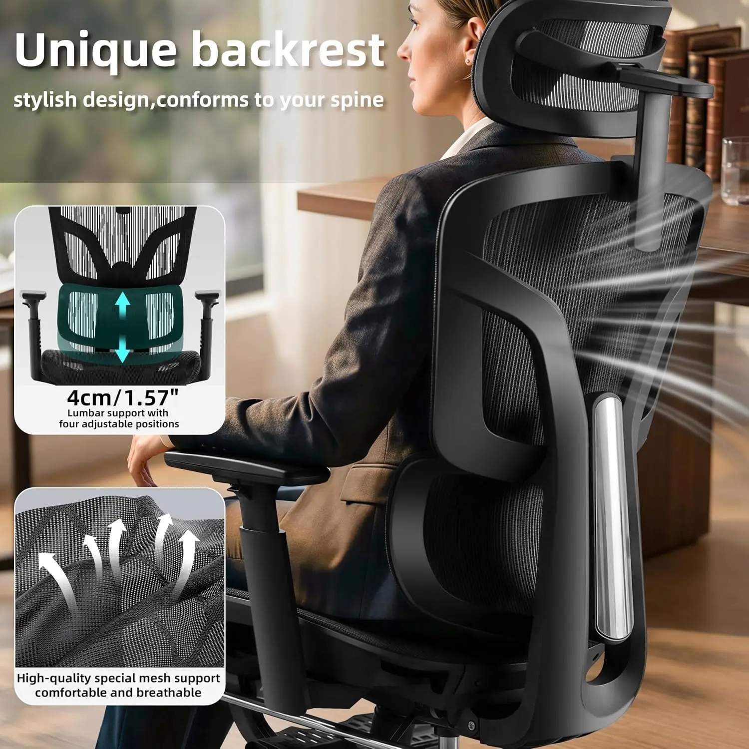 Ergonomic Office Chair with Footrest 4-Level Adjustable Lumbar Support, Customized