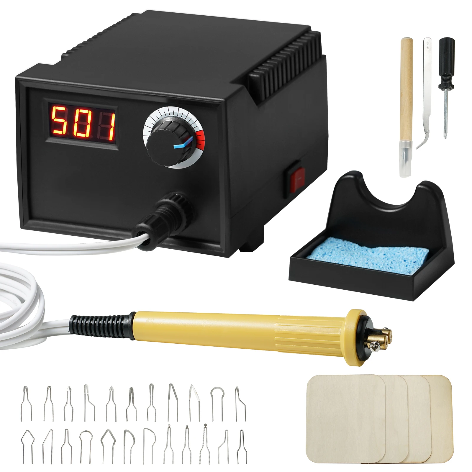 

SucceBuy Wood Burning Tool Kit 200/250~700°C Adjustable Temperature Woodburning Pyrography Pen Machine with 23PC Wire Tips