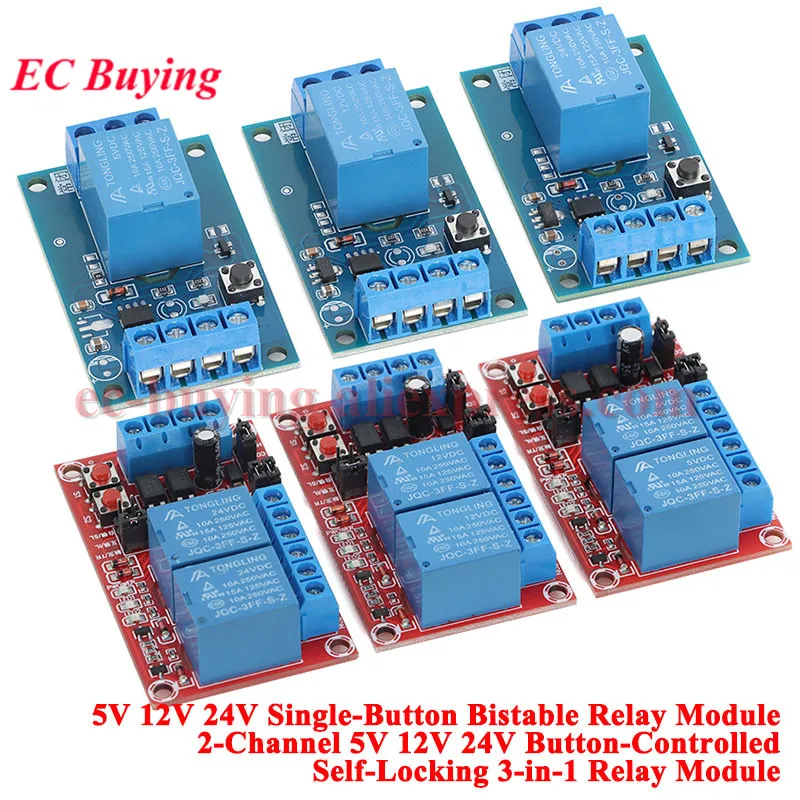 5V 12V 24V Single Key Bistable Self-Lock Relay Module One Key Start Stop 2CH High-low Level Auto-lock/Interlocking/Jog Trigger