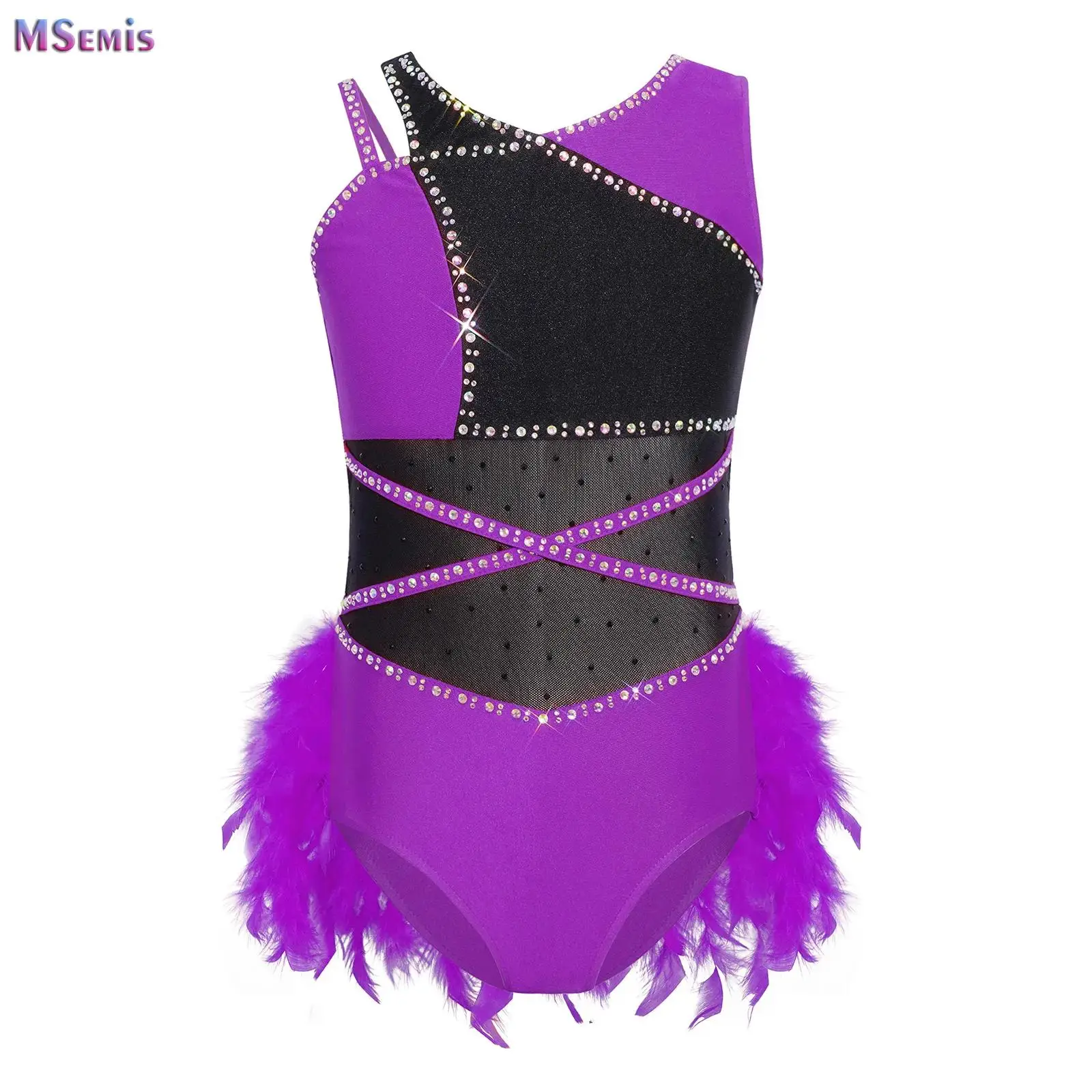 

New Dance Costume for Kids Girls Shiny Rhinestone Feather Latin Dance Leotard Professional Jazz Dance Performance Latin Dresses