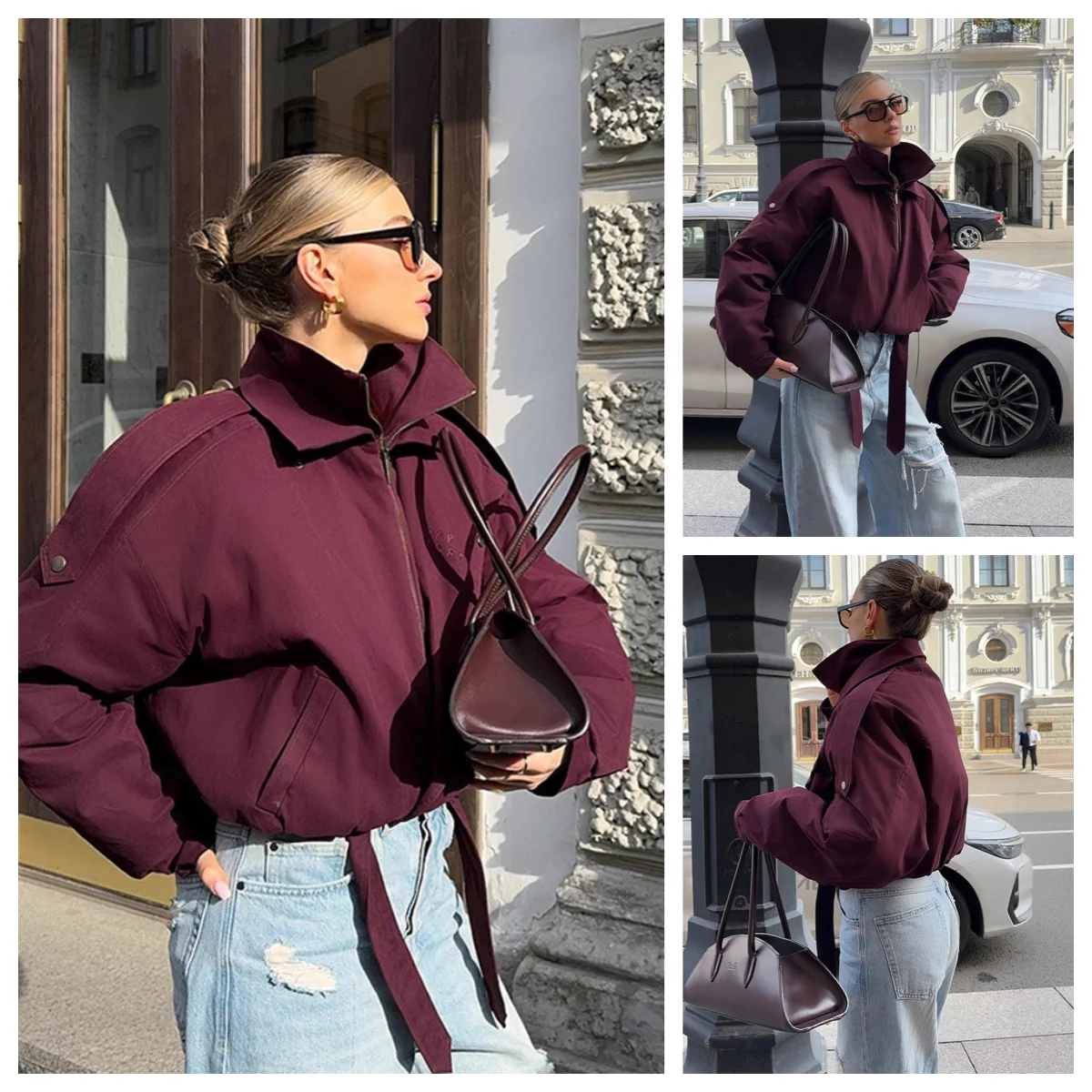 

2025 женская модная бордовая куртка-бомбер на молнии с воротником-стойкой и длинными рукавами и карманами, свободная повседневная короткая уличная верхняя одежда