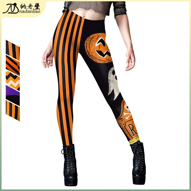 Cosplay Halloween Pumpkin Head Digital Print Stripe Tight Feet Women's Yoga Leggings