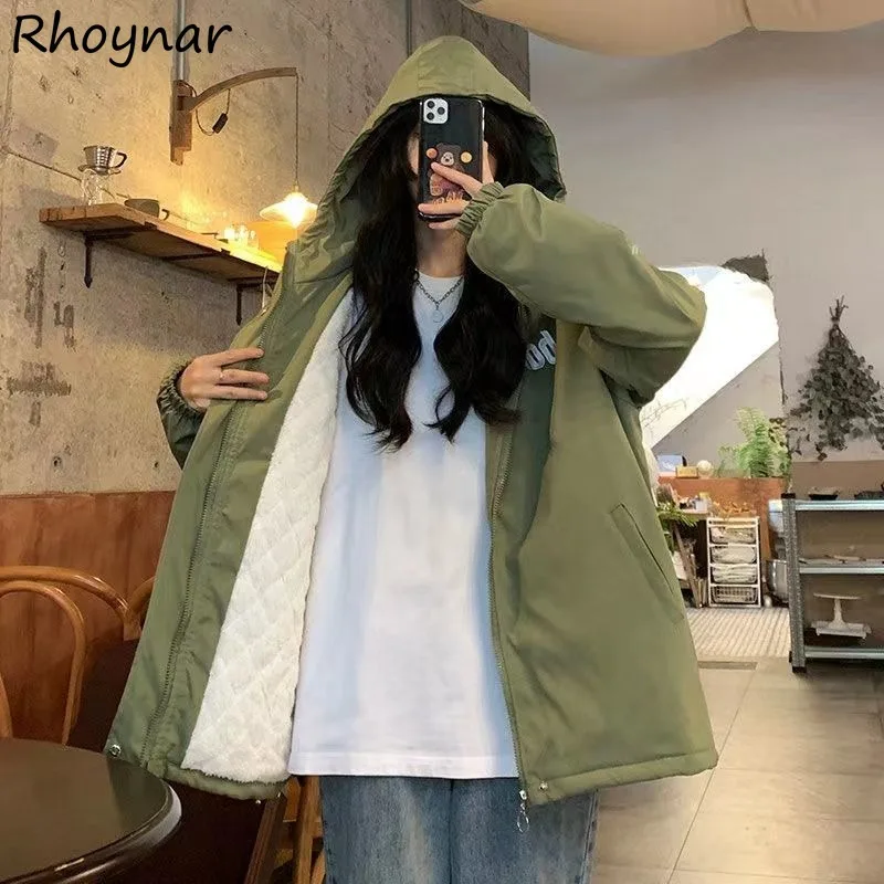 Hooded Parkas Women Plus Velvet Thicker Lambswool Winter Japan Simple Letter Printing Female's Baggy Solid Warm Coats All-match