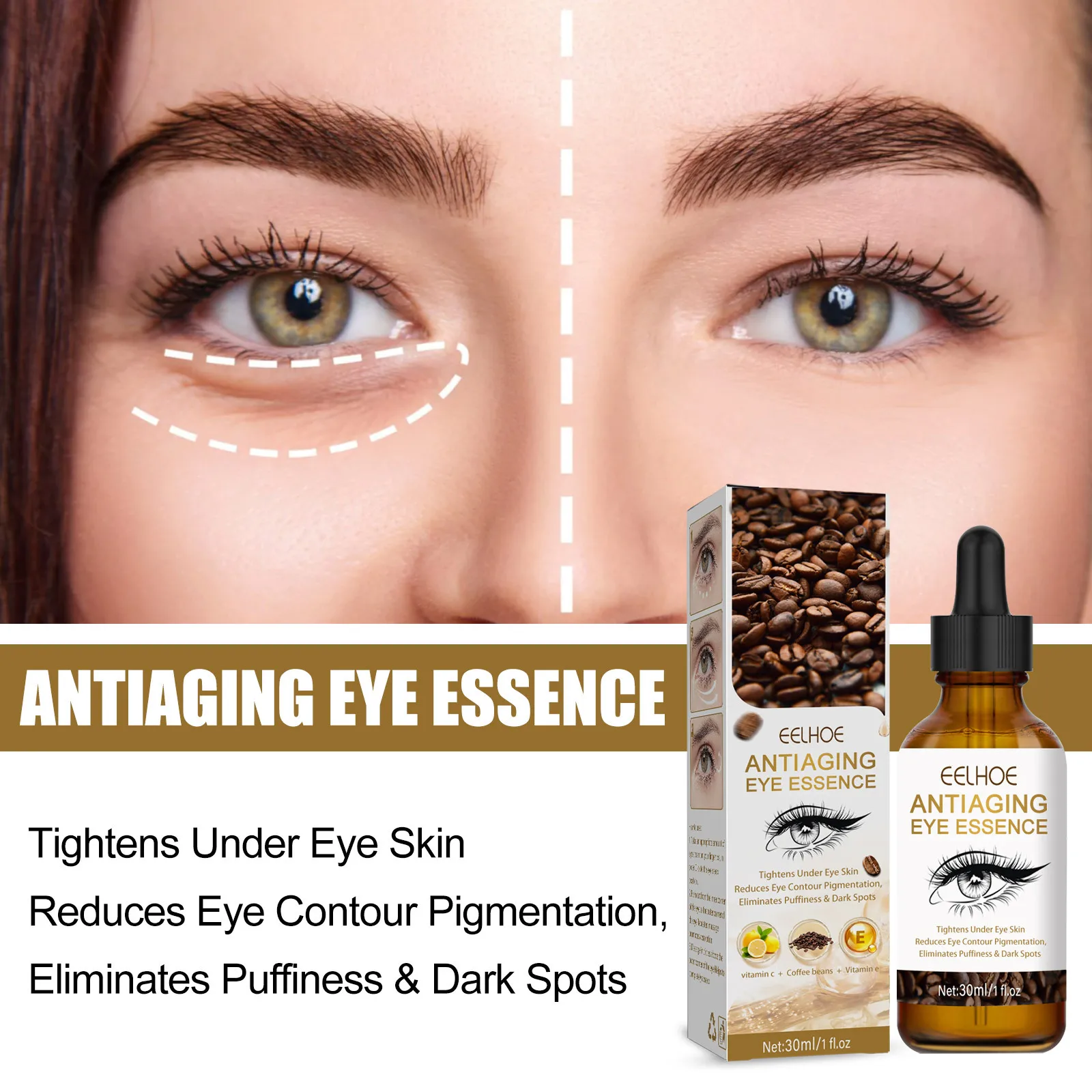 EELHOE Coffee Eye Lifting Essence Donkere kringen en poriën vermindert fijne lijntjes Hydraterende en voedende oogbehandelingsessentie