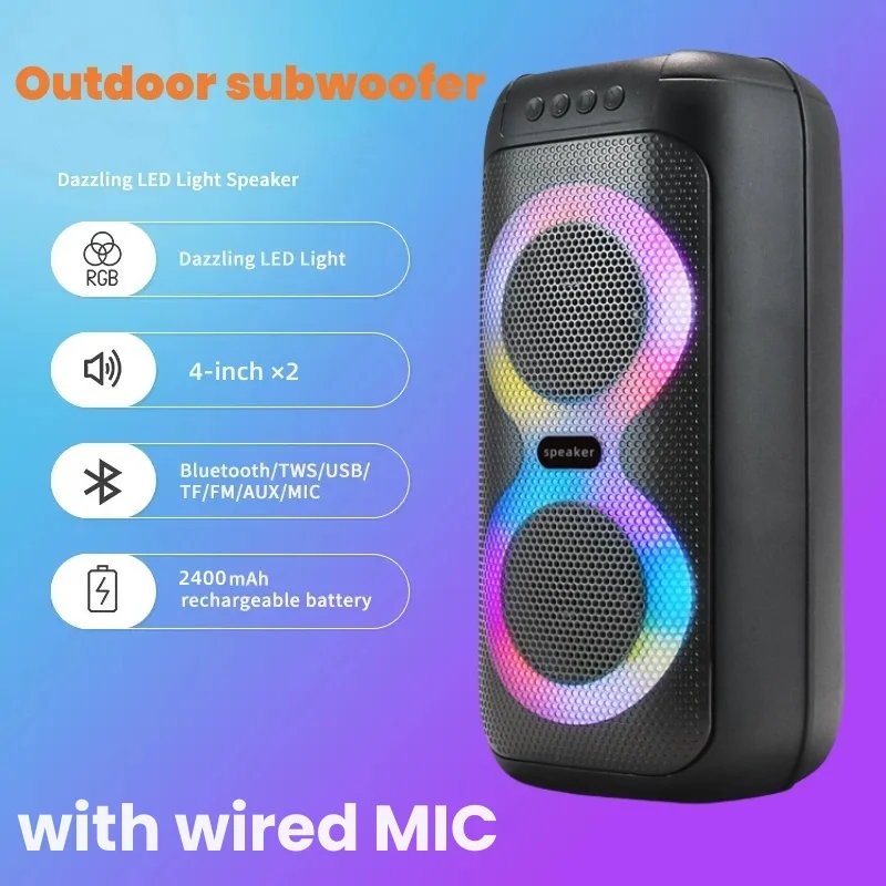 Portable Caixa De Som Bluetooth Speaker Wireless Outdoor Dancing Karaoke Speaker with MIC FM Radio RGB Dual 4-inch Subwoofer TWS