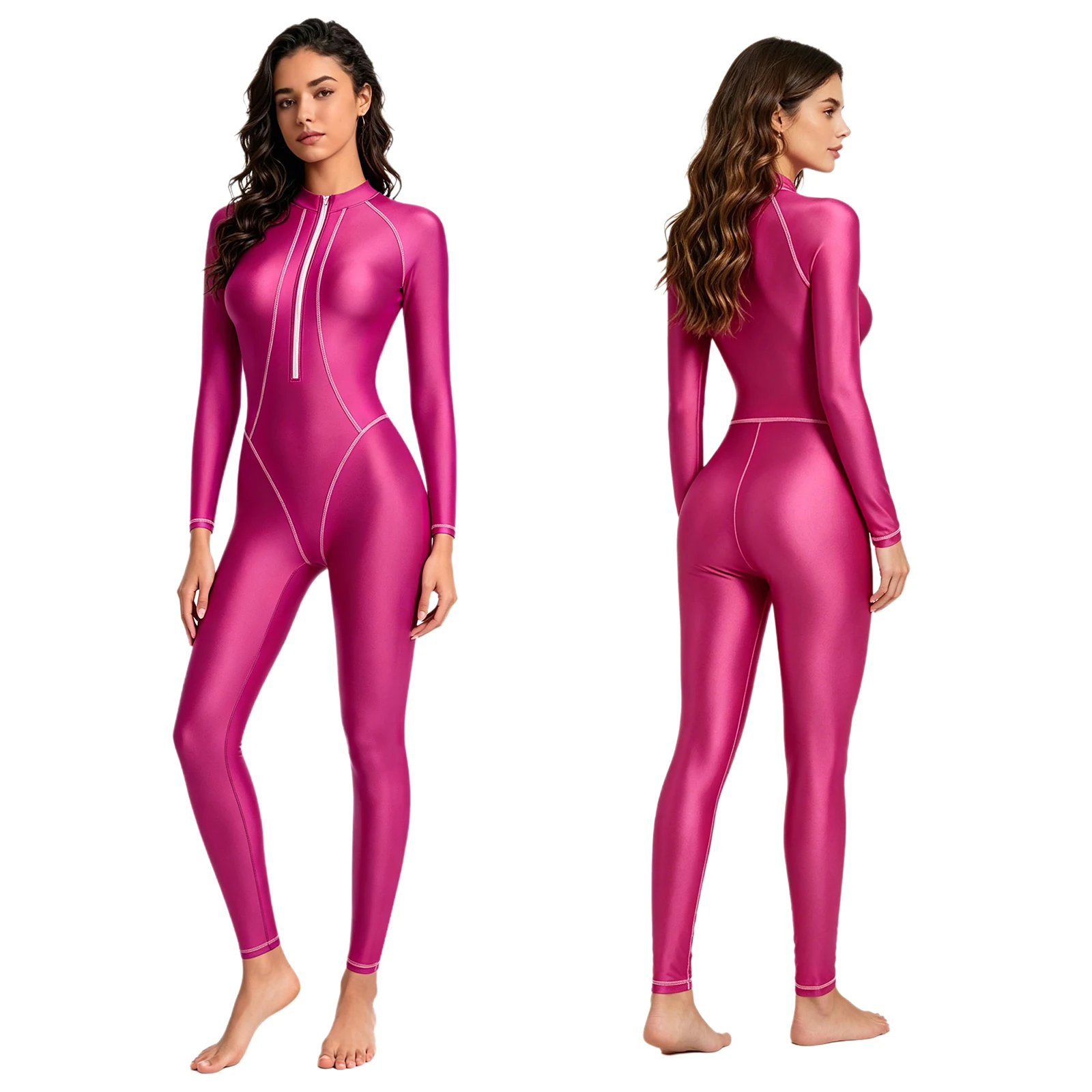 Women Glossy Bodysuit One Piece Swimsuit Mock Neck Long Sleeves Full-body Jumpsuit Gym Fitness Surfing Rash Guard Bathing Suit