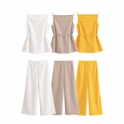 PB&ZA2024 Autumn New Women's Style Slimming Strap Top Casual Elastic Waist Straight Tube Wide Leg Pants Set