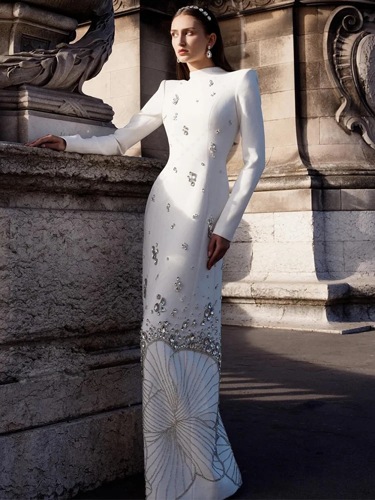 

Newest 2025 Designer Vestido Women's Long Sleeve Luxurious Crystal Diamonds Beaded Long Maxi Dress