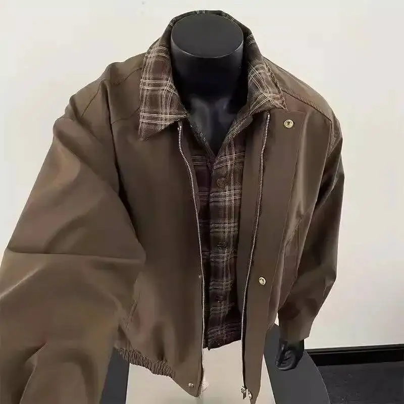 Chaqueta de hombre a la moda informal holgada con cuello corto a cuadros de estilo americano