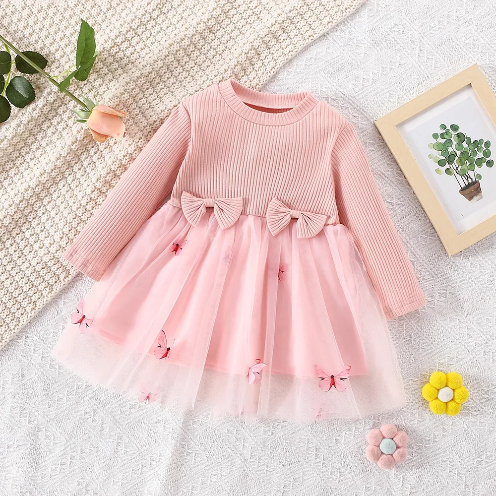 (0-3 years old) Autumn new girls dress round neck long sleeve bow mesh dress butterfly pattern Birthday party team dress solid\\