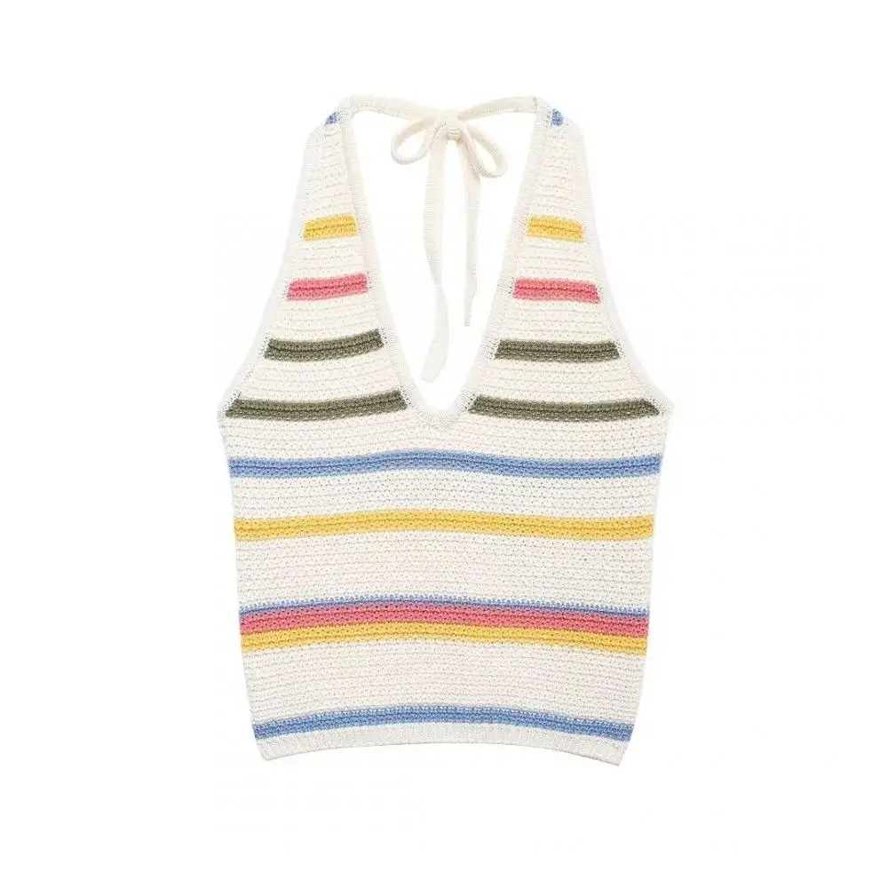 

Woman Backless Stripe Tank Summer Neckless Knit Halter Tops Temperament Colorful Sleeveless Vest Fashion Slim Tank for Going Out