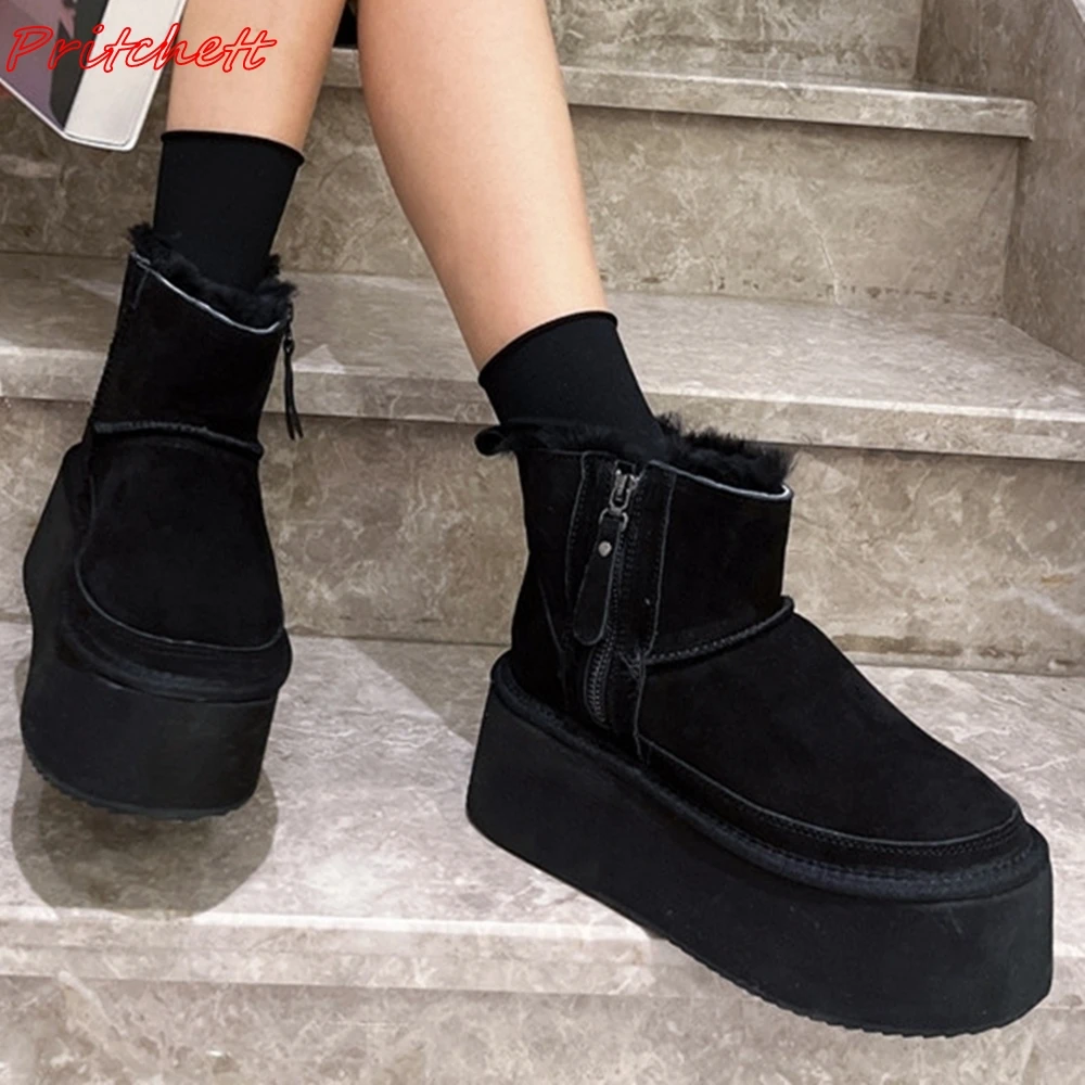 Thick Sole Side Zipper Winter Boots Women Round Toe Warm Mid Calf Snow Boots Casual Flat with Boots Height Increasing All-match