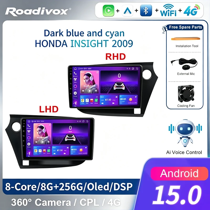 ROADIVOX AI VOICE Android car radio for HONDA INSIGHT 2009 stereo GPS Navigation video Multimedia Player tape