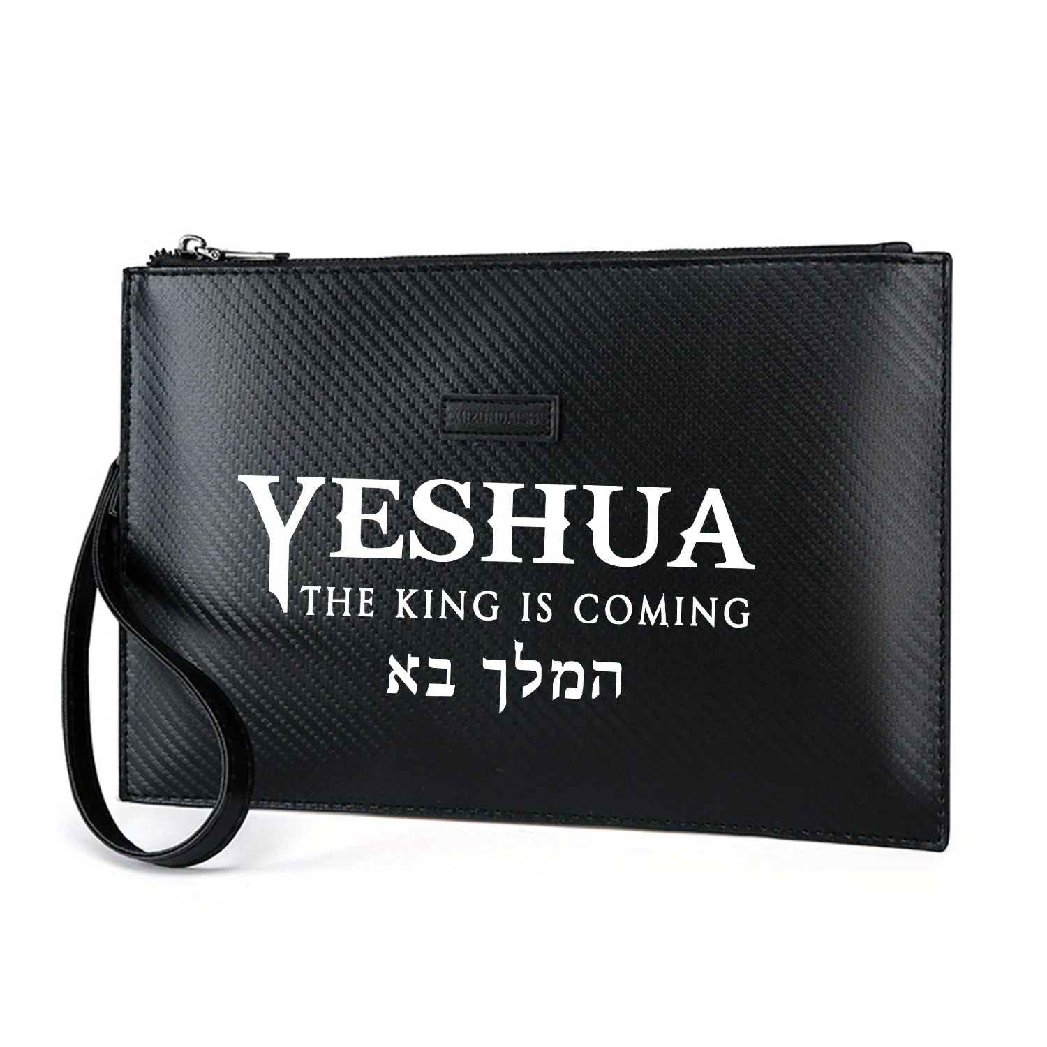 Yeshua King القادمة الكلمات العبرية خلفية سوداء أنيقة مطبوعة بولي PU حقيبة يد رجالية عصرية وعملية للحمل اليومي