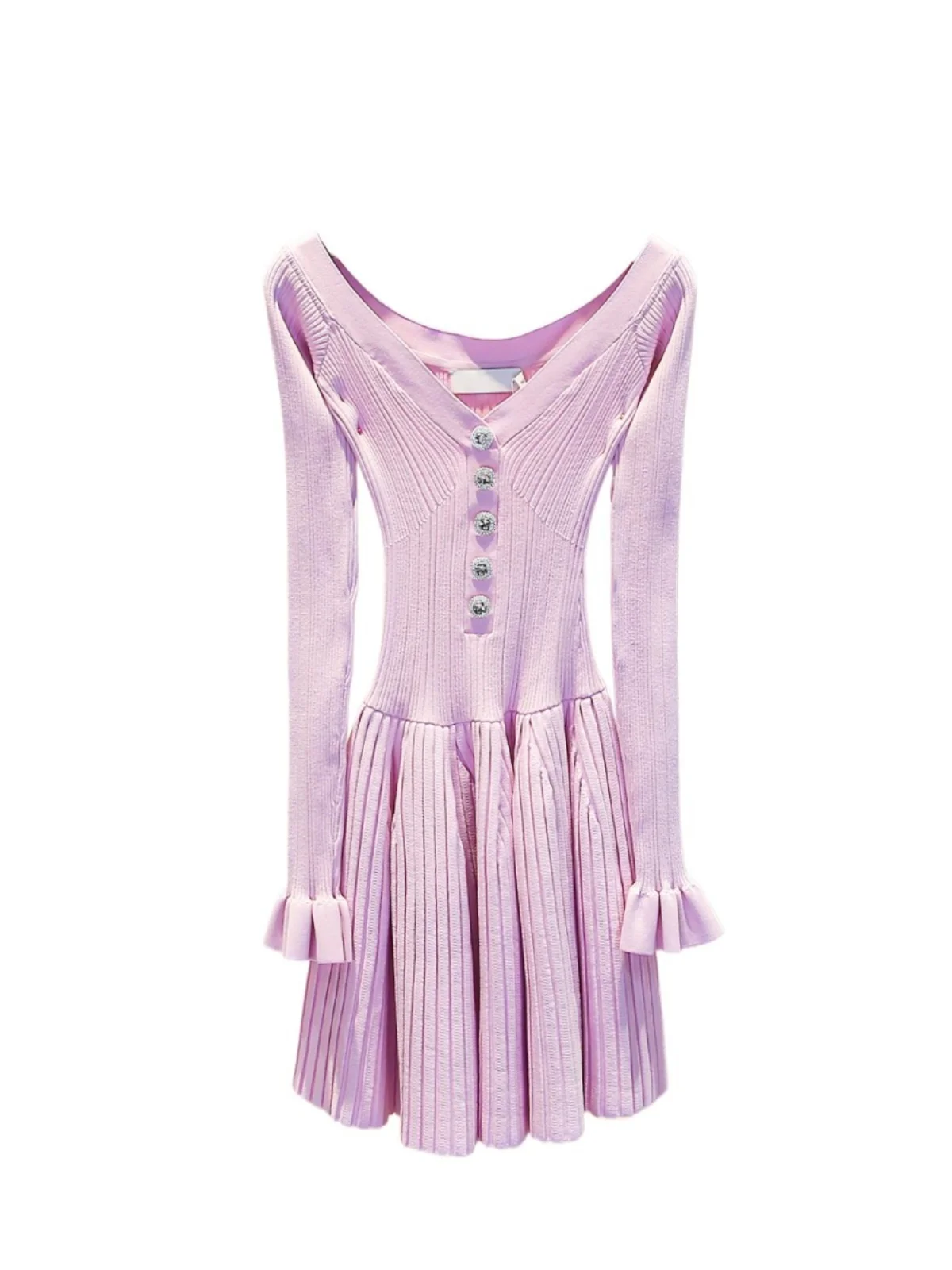 Rosa gestrickt Dr One Oulder Flared Sve High Waist A-Line Silhouette Frühling 2025, Ele Damen Faion, weiches Polyester