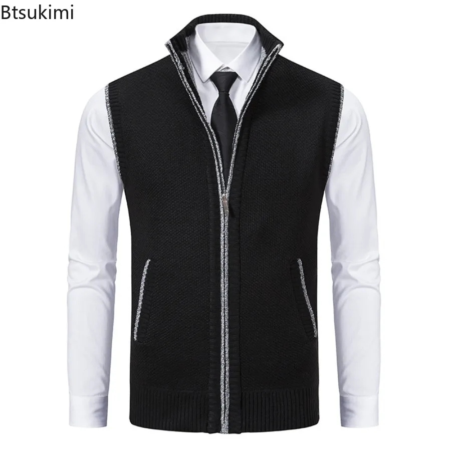 New Autumn Winter Men's Knitted Vest Stand Collar Sleeveless Zipper Cardigan Jackets Men Fashion Business Casual Knit Waistcoats