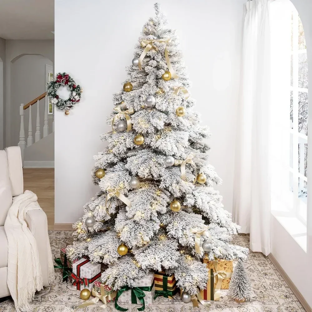 7.5 Foot Snowflake Plush Christmas Tree, Frosted Christmas Tree with 1324 Branch Tips, 650 Warm Lights, and Metal Brackets