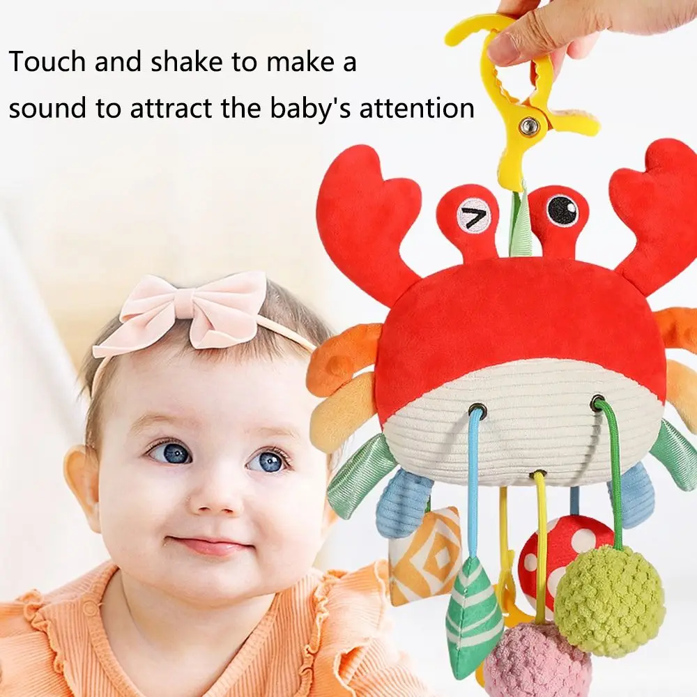 Crab-shaped Baby Pull String Toys Distorting Mirror Ringing Beads Plush Stuffed Sensory Toy Teether with Clamp