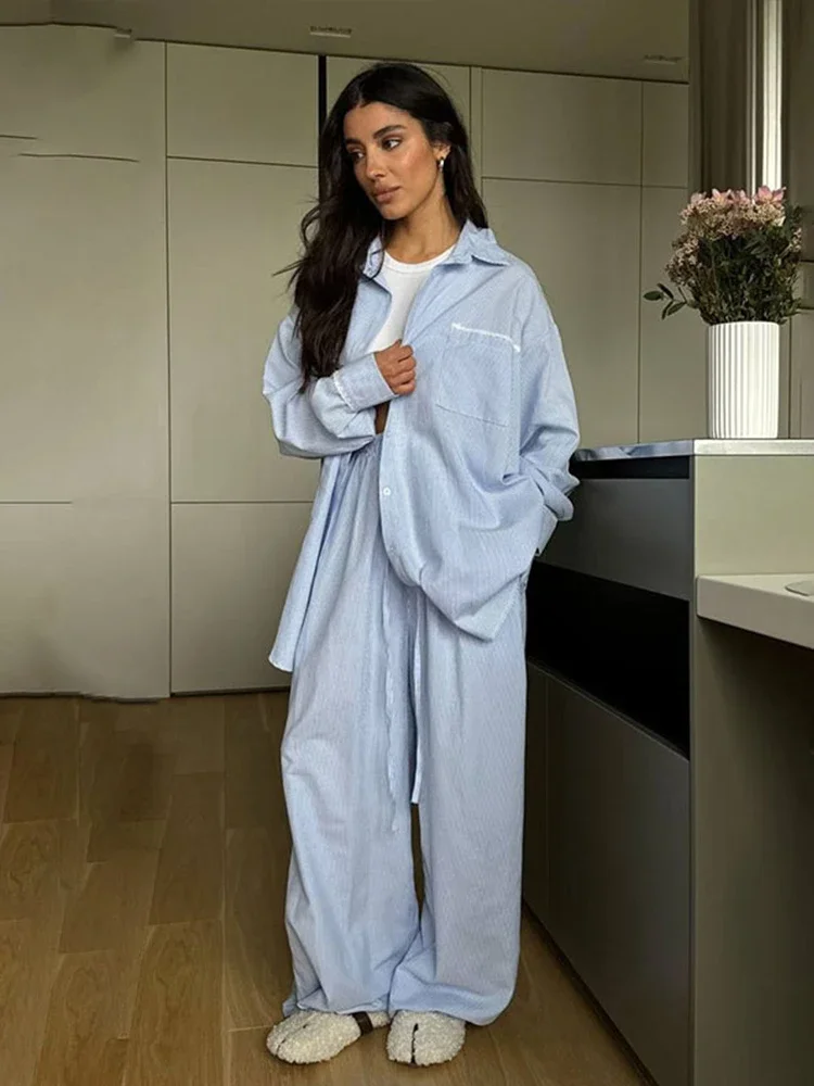 Classic Striped Lounge Ensemble For Women Lapel Utility Pocket Long Sleeve Shirt Drawstring - waist Straight-leg Slightly Pants