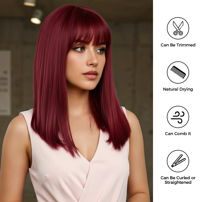 Peruca Sintética Longa Ondulada Borgonha Vinho Colorida para Cosplay Lolita com Franja para Mulheres Cabelo Afro Natural Resistente ao Calor