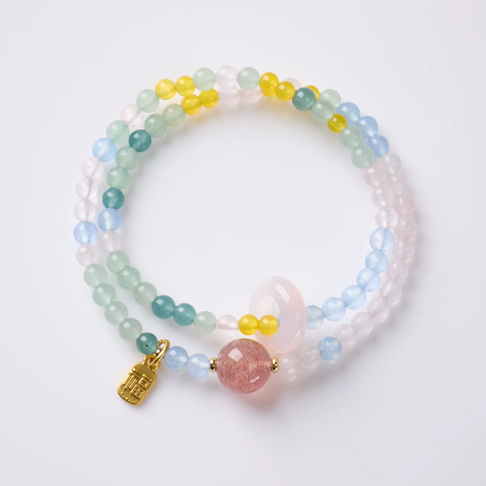 

4mm Natural Mixed Gemstones Double Strand Bracelets Chinese Fu Character Lucky Charm Beaded Bracelet for Women Fine Jewelry