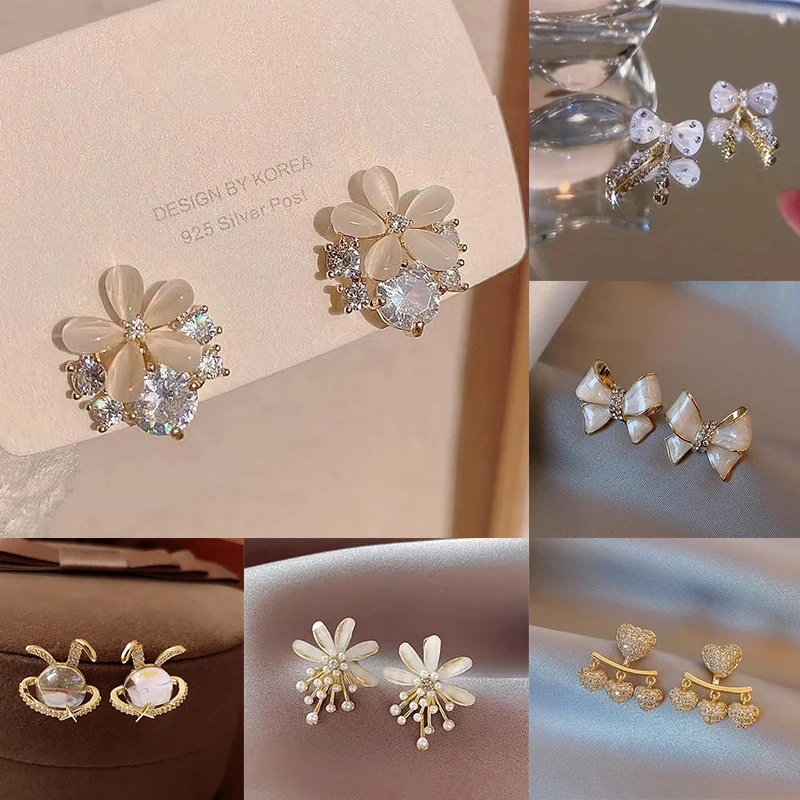 

1Pair Korean Style Fashion Opal Flower Earrings Trendy Simple Shiny Zircon Stud Earrings For Women Fine Luxury Jewelry Gift