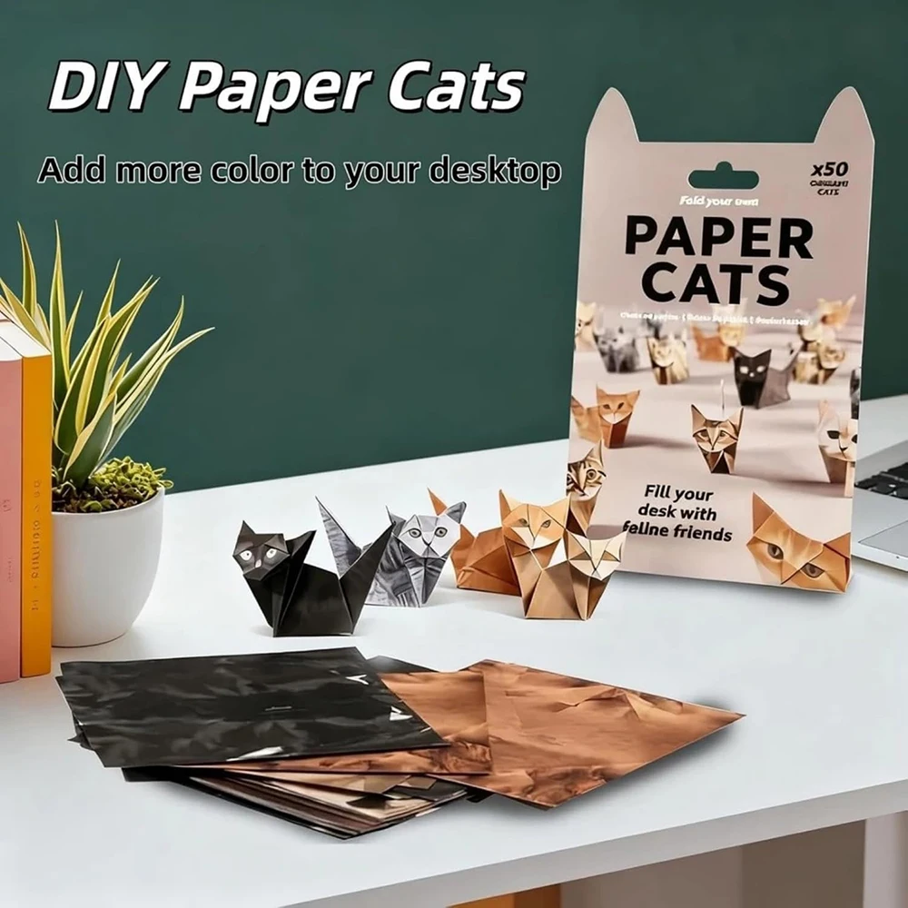 50 /100 Sheets DIY Paper Cats & Dogs Origami Kit 3D Origami Cats & Dogs with Pre-Creased Lines Crafts for Desk Decor, Gifts