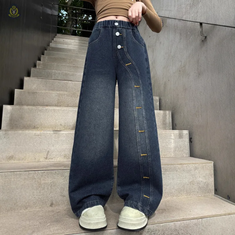 Teen Girls Jeans Spring Autumn New Products Kids Fashion Multi Button Phoenix Eye Wide Leg Denim Pants Straight Tube Loose Pants