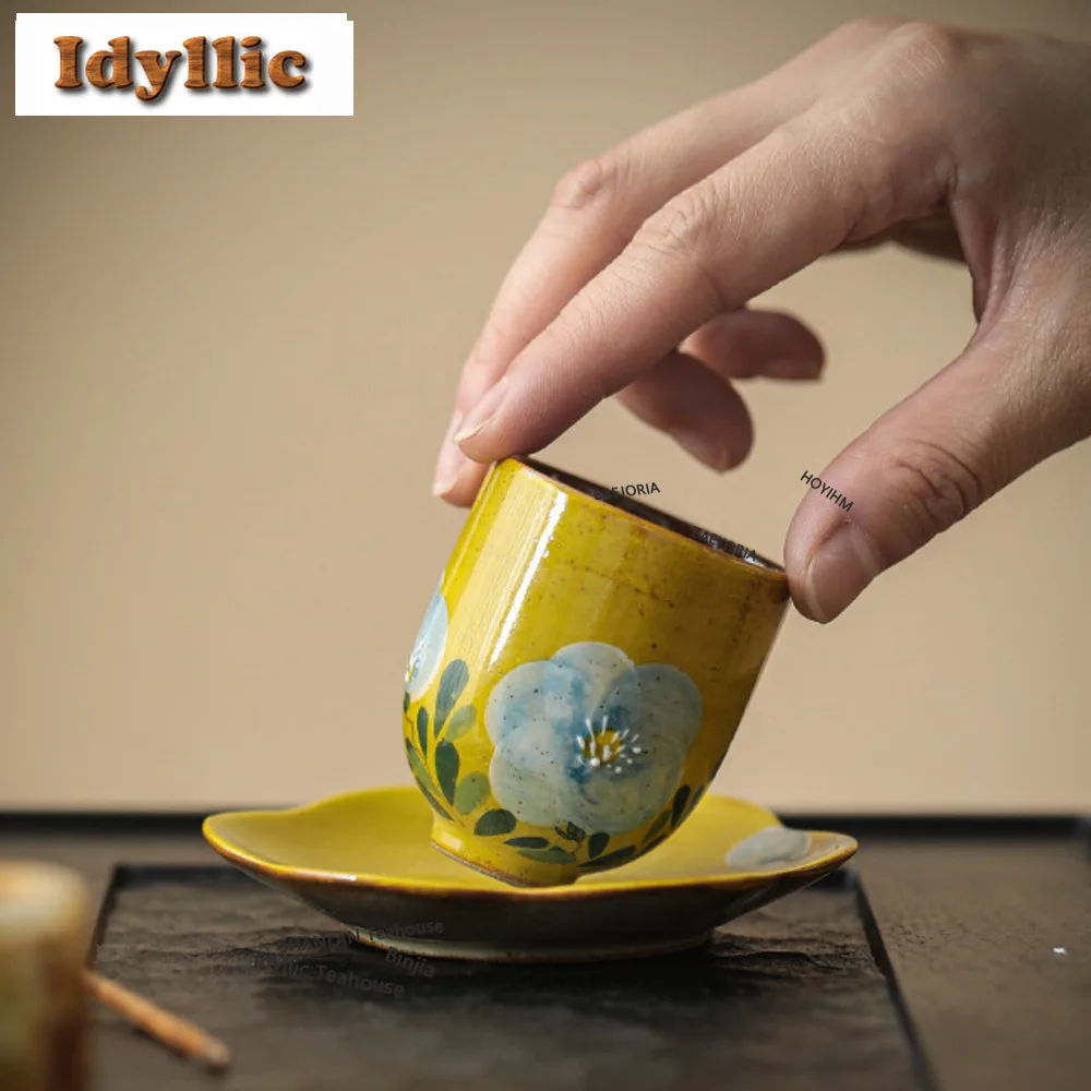HOYIHM 50ml Hand Drawn Camellia Tea Cup Household Master Cup Set Ancient Set Of Cups Fragrance Bowl Teacup Holder Tableware Gift